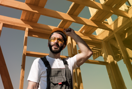 An outdoor construction worker is taking precautions to manage heat stress
