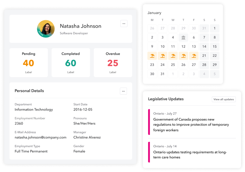 Multiple screens showing employee information, legislative updates and time-off calendar.