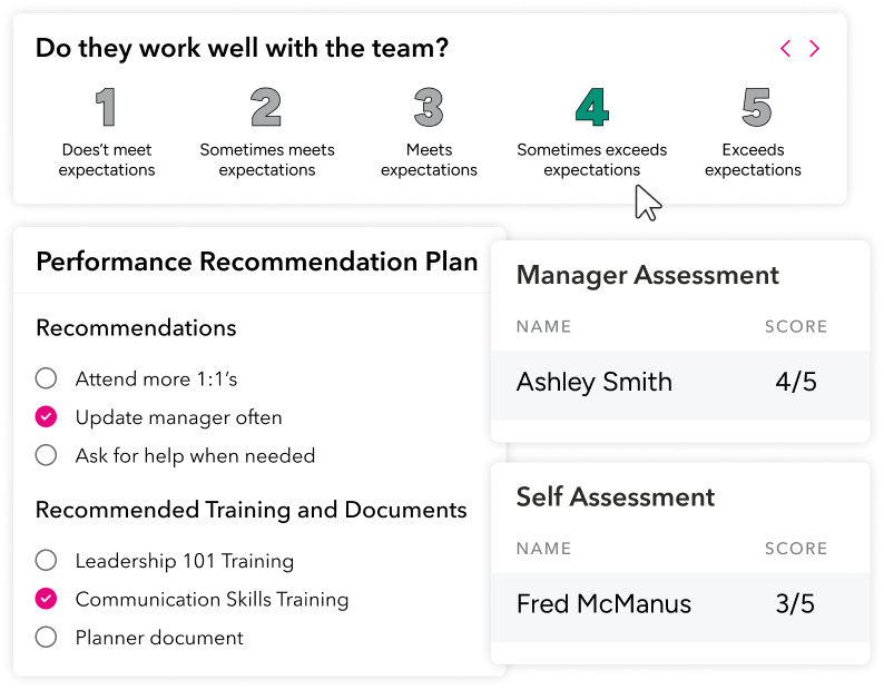 Performance recommendation plan and manager and employee assessment.