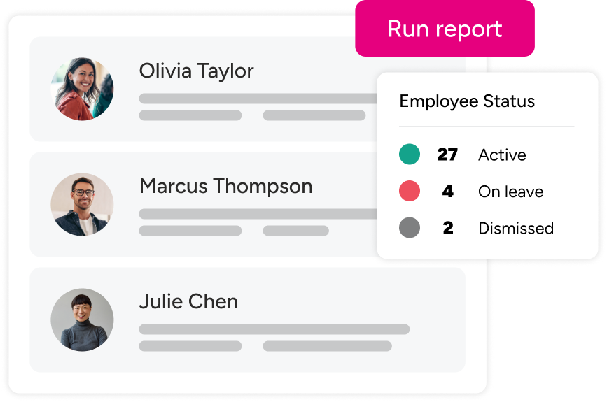 Employee profiles, run report button and employee status overview.