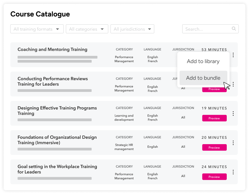 Course catalogue screen with an add to bundle action button.